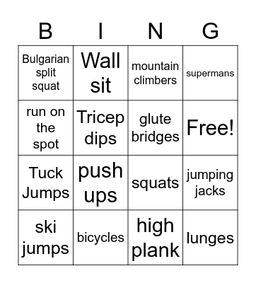 Fast Fitness Bingo Card