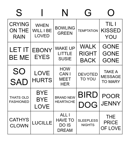 682 A TRIBUTE TO THE EVERLY BROTHERS Bingo Card
