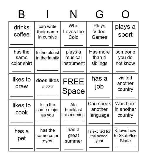 Chargers Classmate BINGO Card