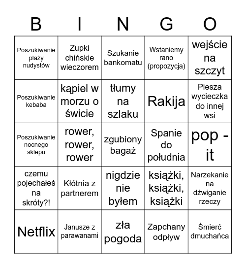 Wakacje Bingo Card