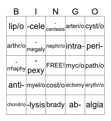 MEDICAL TERMINOLOGY Bingo Card