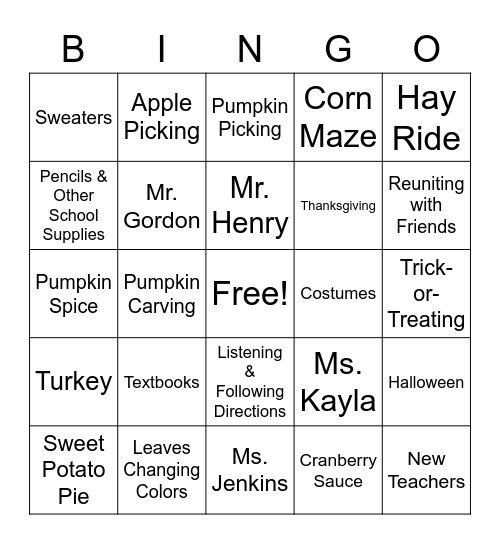 Autumn & Back to School Bingo Card