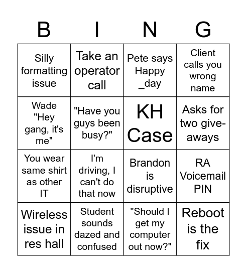 B2S Bingo Card