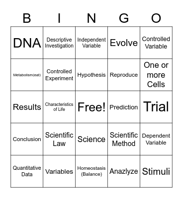 Science Terms and Characteristics of Life Bingo Card