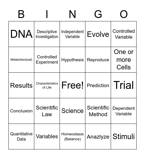 Science Terms and Characteristics of Life Bingo Card