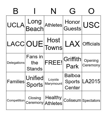 Special Olympics 2015 World Games Bingo Card