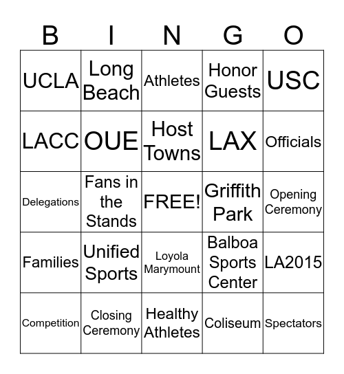 Special Olympics 2015 World Games Bingo Card