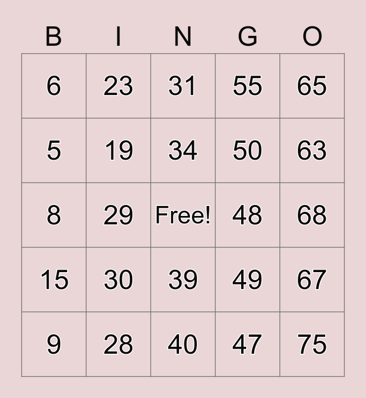 Number Bingo 1-75 Bingo Card