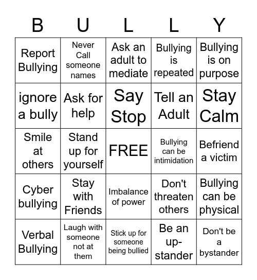 No Bullying Bingo Card