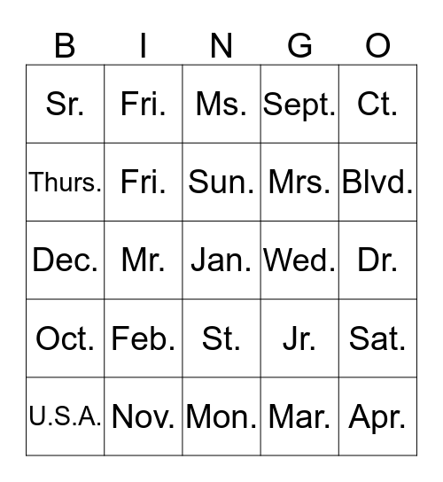 Abbreviation Bingo Card