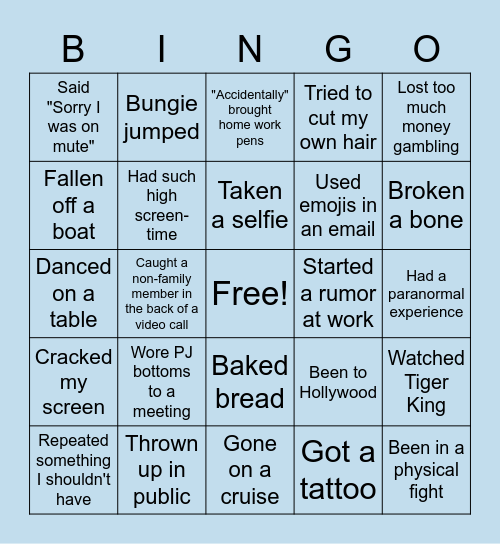 Never Have I Ever Bingo Card
