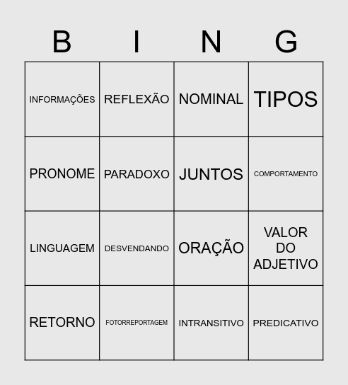 BINGO- TIPOS DE PREDICADOS Bingo Card