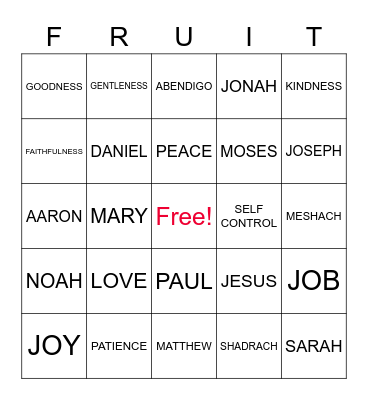 Fruit of the Spirit ~ Galatians 5:22 Bingo Card