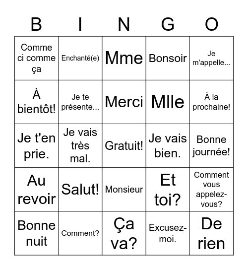 French Greetings Bingo Card