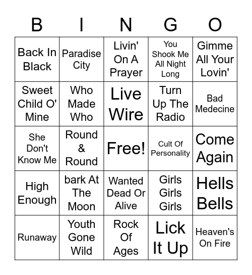 Hair Bands Bingo Card