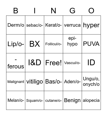 Medical Terminology Integumentary Bingo Card