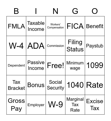 Income and Employment Bingo Card