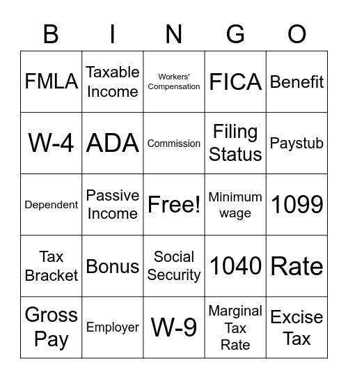 Income and Employment Bingo Card