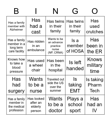 CNA Bingo Card