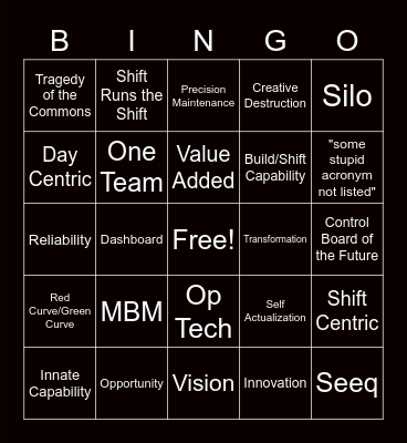 One Team Bingo Card