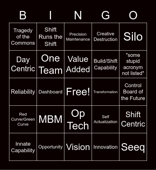 One Team Bingo Card