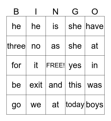 SIGHT WORDS Bingo Card