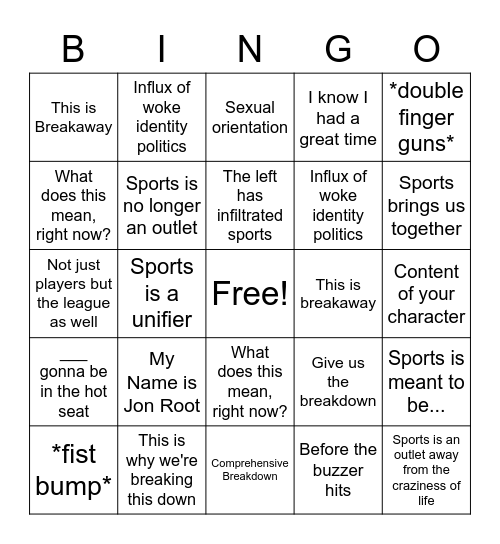 Breakaway Bingo Card