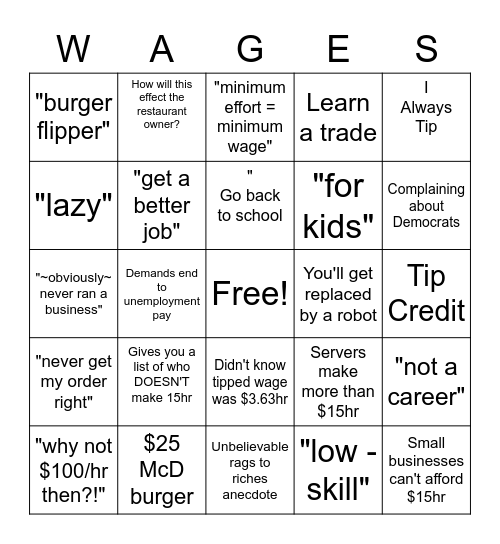 Minimum Wage Boomer Comments Bingo Card