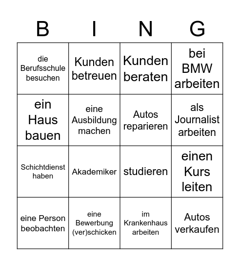 Berufe und Tätigkeiten Bingo Card