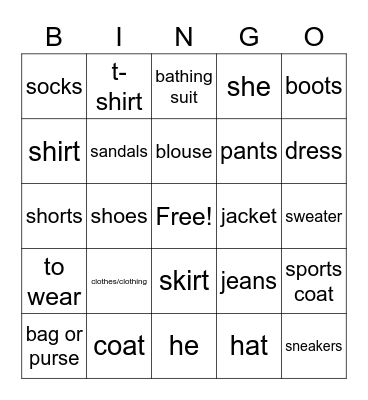 Les vêtements Bingo Card