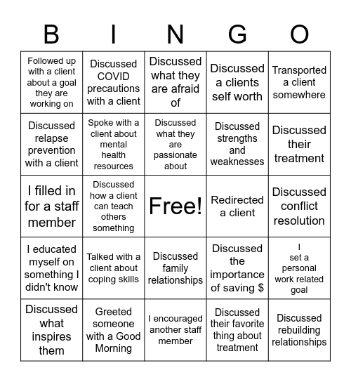 Recovery Bingo- Employee Edition Bingo Card