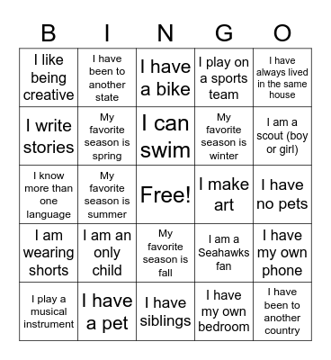 Getting to know you Bingo Card