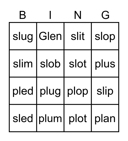 #2 blends sl, gl, pl Bingo Card