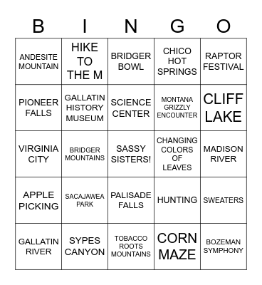 BOZEMAN AREA FALL IDEAS Bingo Card