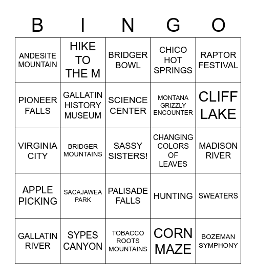 BOZEMAN AREA FALL IDEAS Bingo Card