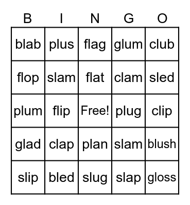 blends cl, fl, bl, gl, sl, pl Bingo Card