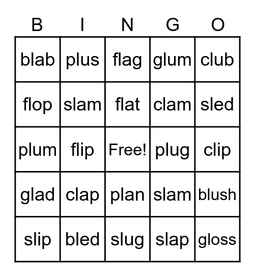 blends cl, fl, bl, gl, sl, pl Bingo Card