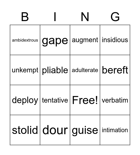 Unit 1 Vocabulary Bingo Card