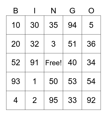 spanish numbers Bingo Card