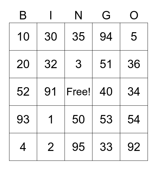 spanish numbers Bingo Card