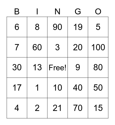 Spanish Number Bingo Card