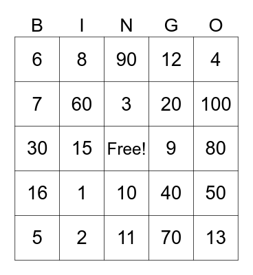 Spanish Numbers Bingo Card
