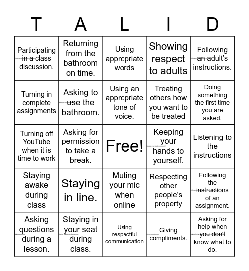 TALID Bingo Card