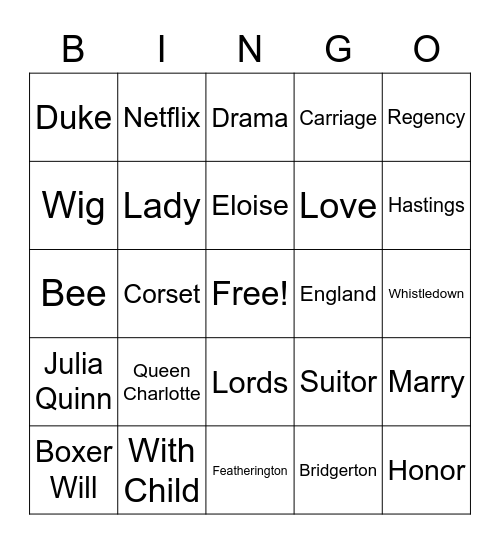 Bridgerton Bingo Card