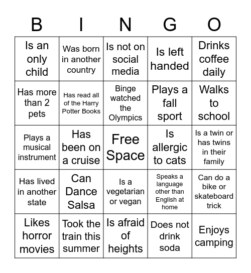 Get To Know You Bingo Card