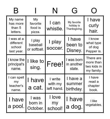 Getting to Know You! Bingo Card