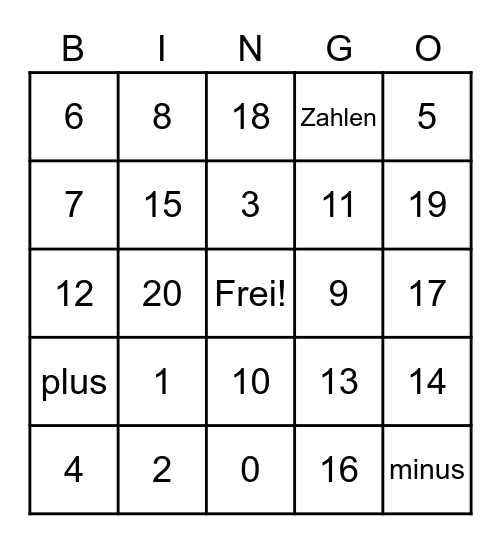 Numbers Bingo Card