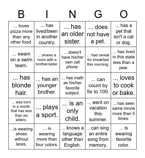 Getting to Know You BINGO Card