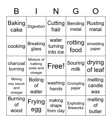 Physical and Chemical change Bingo Card