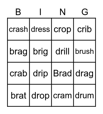 # 4 blends br, cr, dr Bingo Card